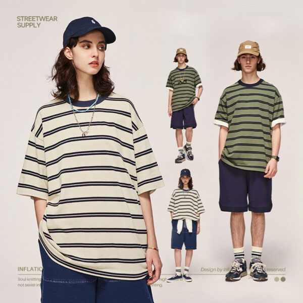 #2487S23 Retro Contrast Striped Oversized Short-Sleeved T-shirt For Men 1