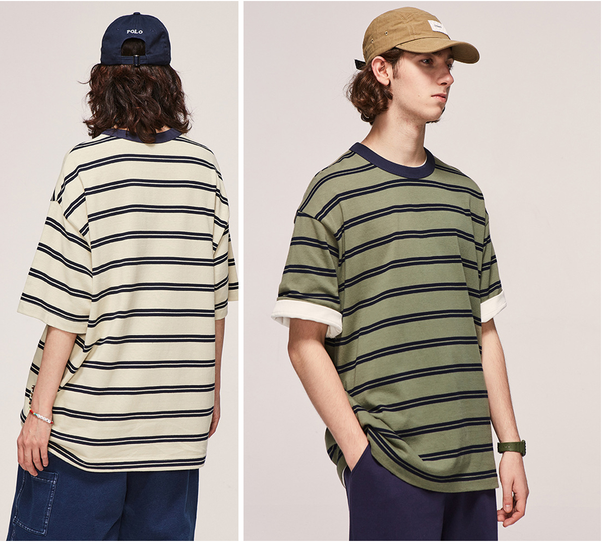 #2487S23 Retro Contrast Striped Oversized Short-Sleeved T-shirt For Men 20