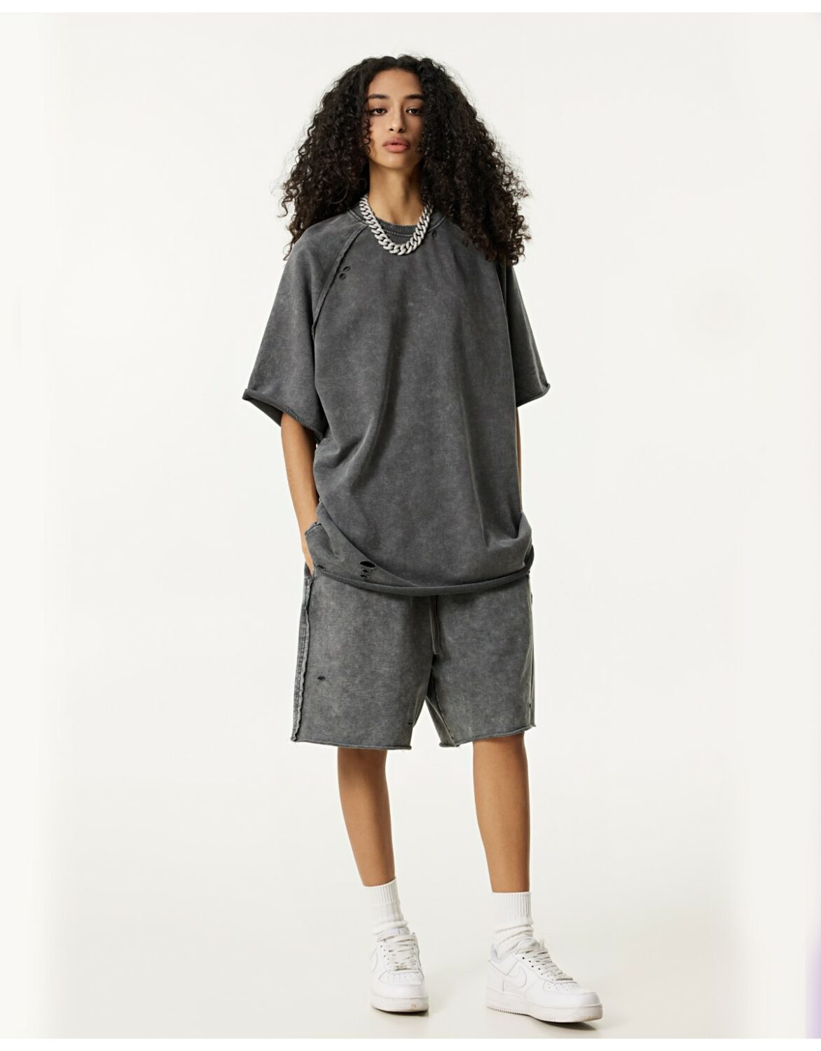 #S1701 Terry 330GSM Oversized Distressed Reglan Sleeve T-Shirt 29