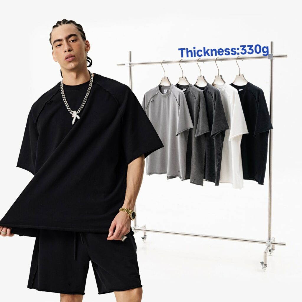 #S1701 Terry 330GSM Oversized Distressed Reglan Sleeve T-Shirt