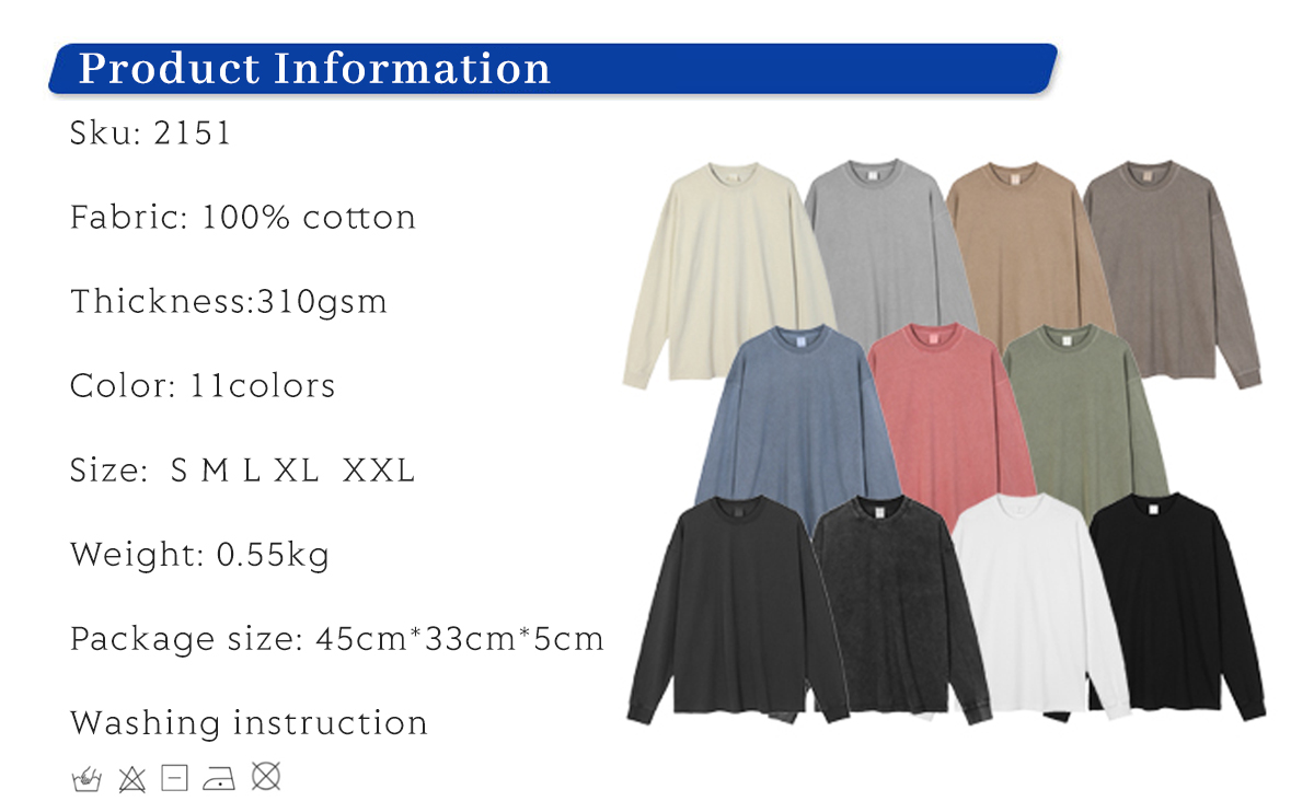 #2151 Thick 310GSM Cotton Light Wash Long Sleeve T-Shirt 6