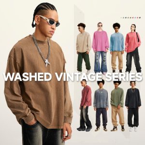 #W0156 Cotton 270Gsm Acid Wash Ribbed Cuff Long Sleeve Tee