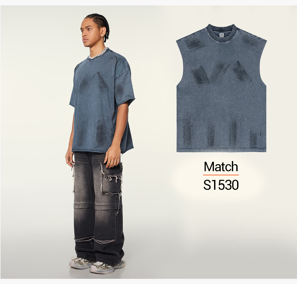 S1972 Cotton 310GSM Raw Hem Vintage Wash Distressed T-Shirt 22