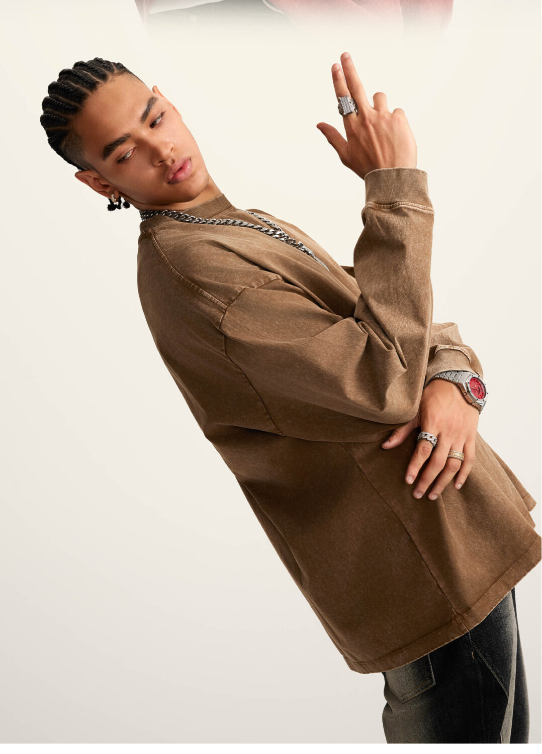 #W0156 Cotton 270Gsm Acid Wash Ribbed Cuff Long Sleeve Tee 22