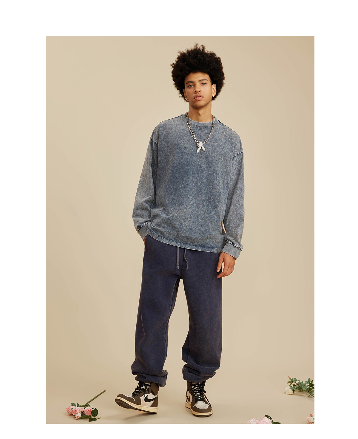 #W0156 Cotton 270Gsm Acid Wash Ribbed Cuff Long Sleeve Tee 26