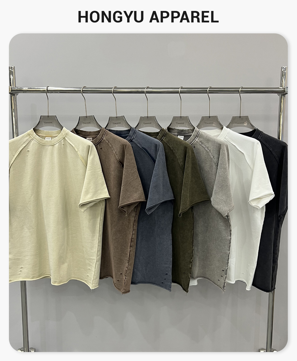 #1243 Terry 330GSM Acid Wash Distressed Raw Edge Reglan Sleeve T-Shirt 4