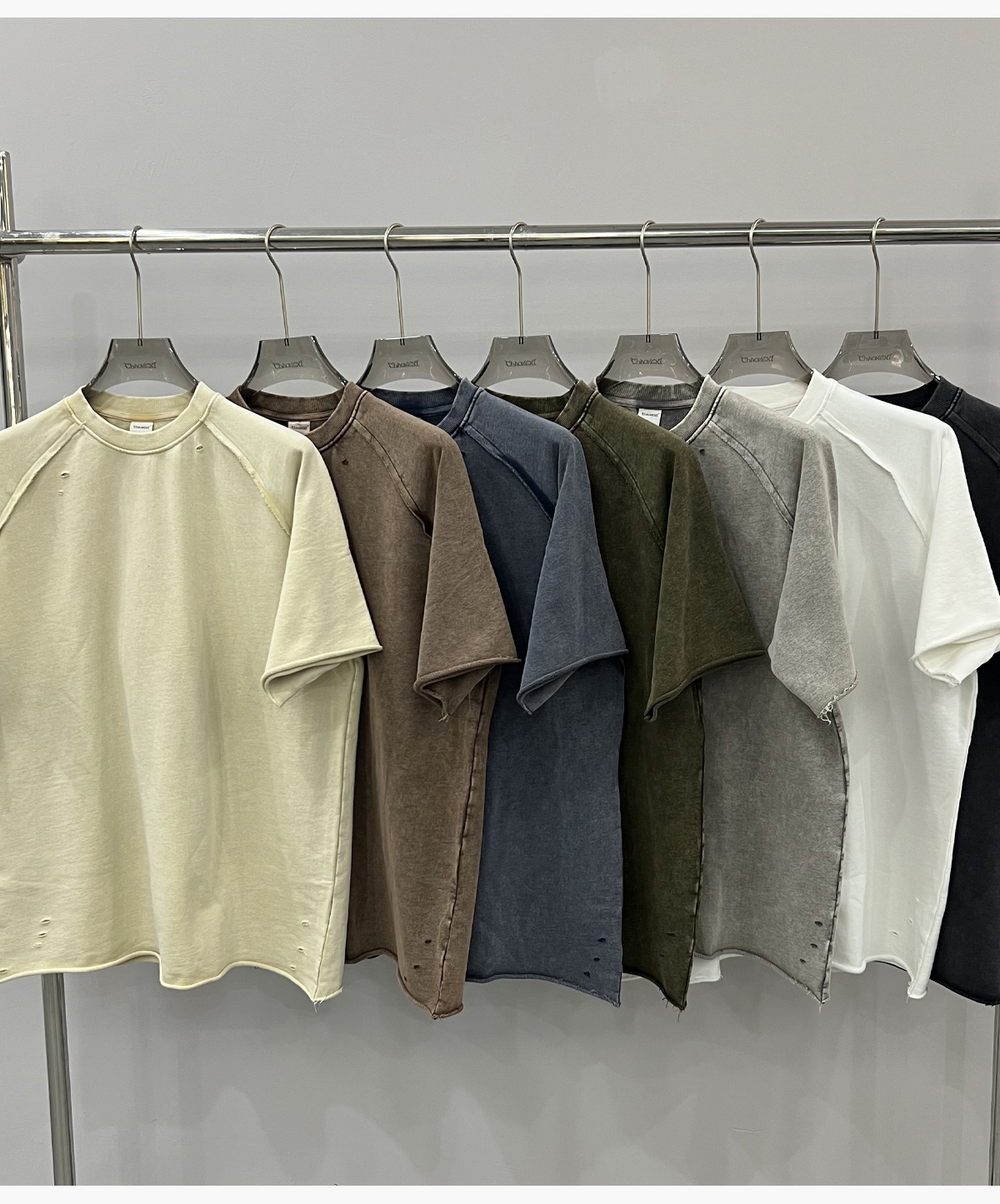 #1243 Terry 330GSM Acid Wash Distressed Raw Edge Reglan Sleeve T-Shirt 20
