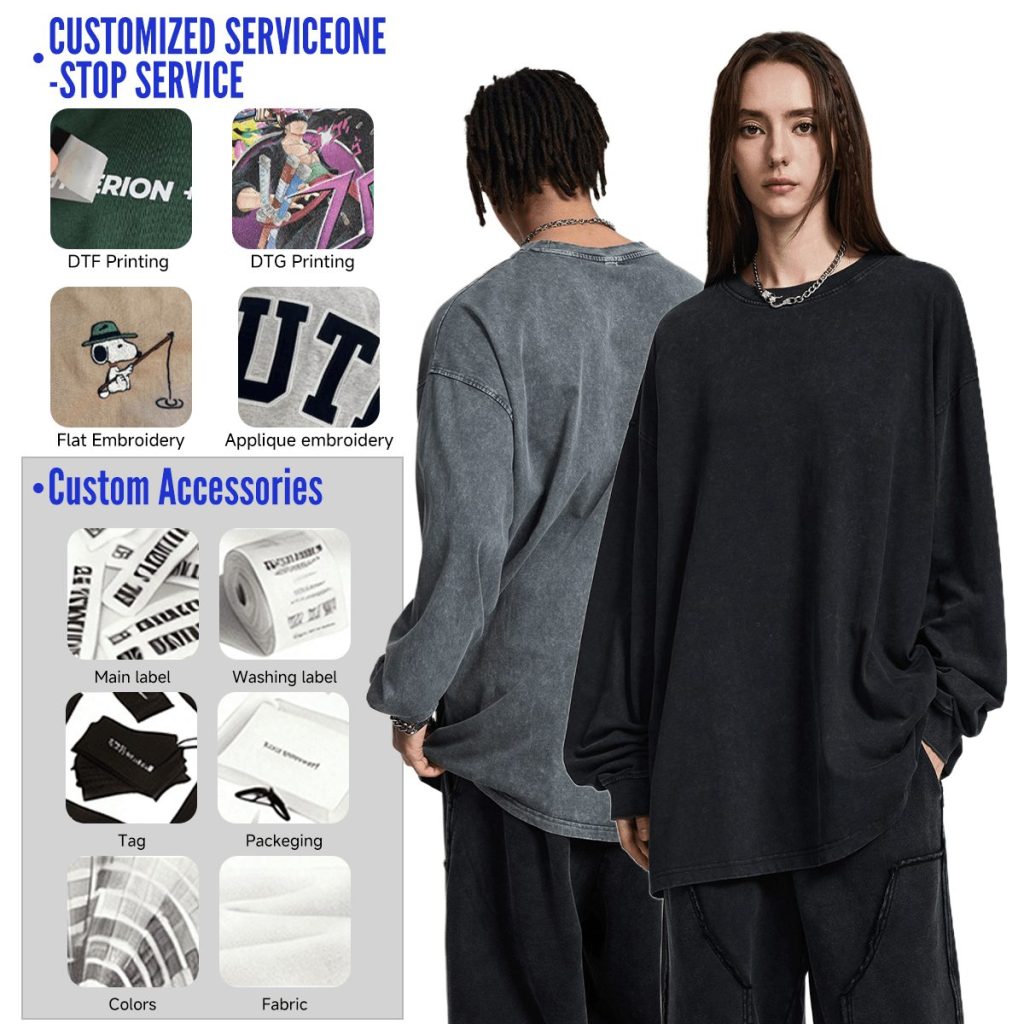 #HL1245 Cotton 275Gsm Oversized Acid Wash Long sleeve T-Shirt