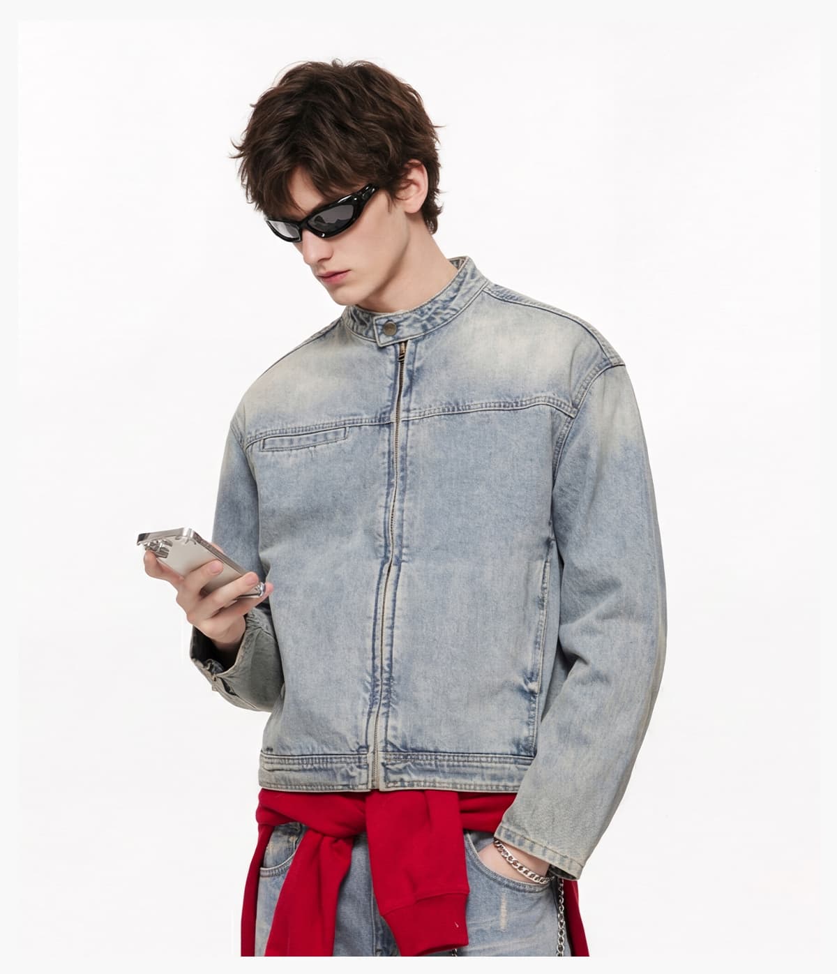 #2587 Vintage Distressed Stand-Collar 385g Zip-Up Denim Jacket 23