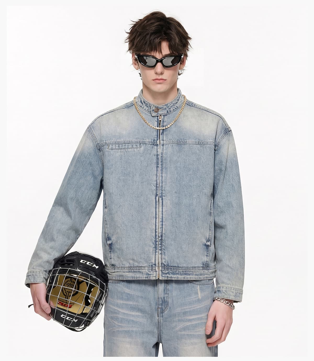 #2587 Vintage Distressed Stand-Collar 385g Zip-Up Denim Jacket 21