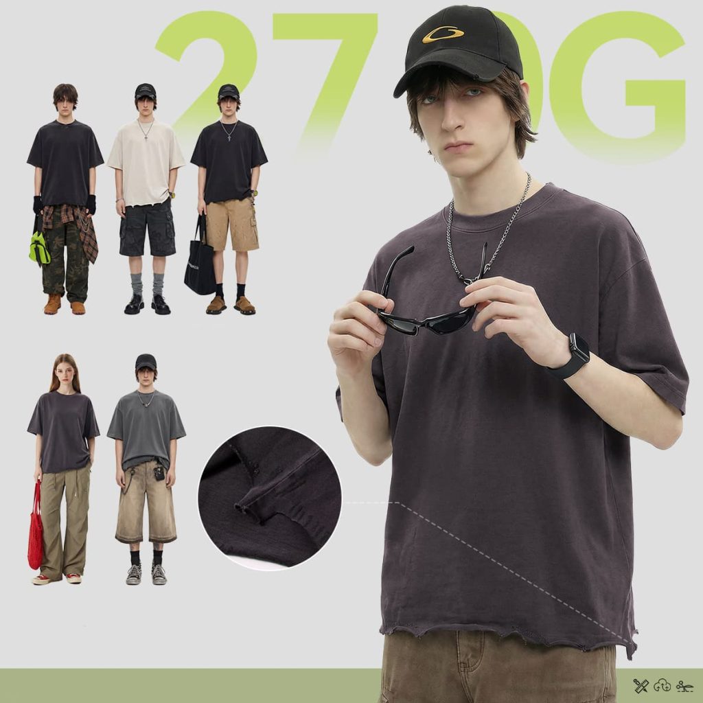 #S26004 Boxy 270g Washed Distressed Hem Cotton T-Shirt