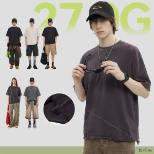 #S26004 Boxy 270g Washed Distressed Hem Cotton T-Shirt