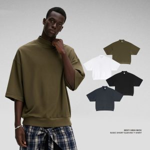 #K1103 Men‘s Mock Neck Boxy Fit 305g Cotton T-Shirt