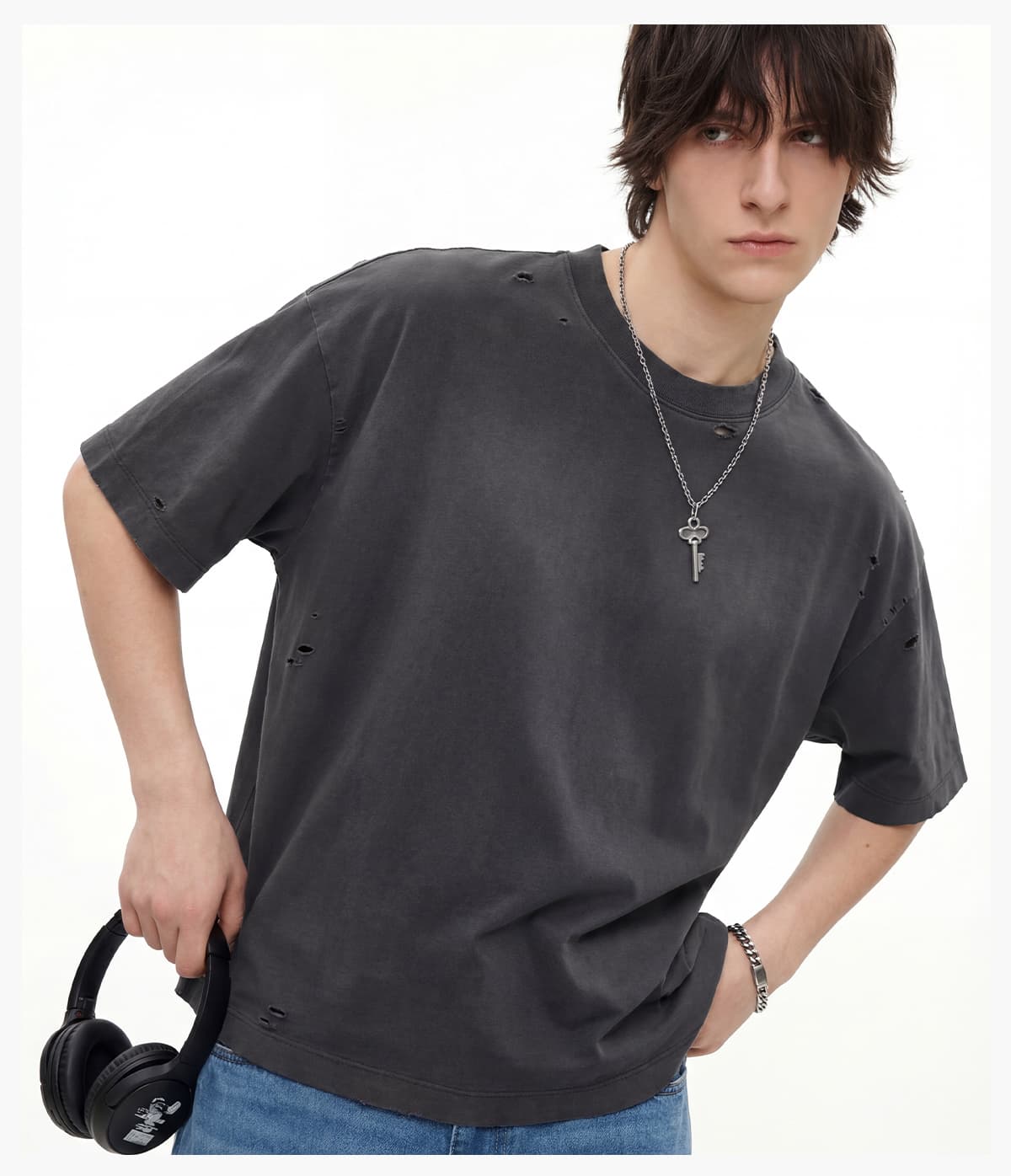#K1160 Boxy Fit 305g Washed 100% Cotton Distressed T-Shirt 23