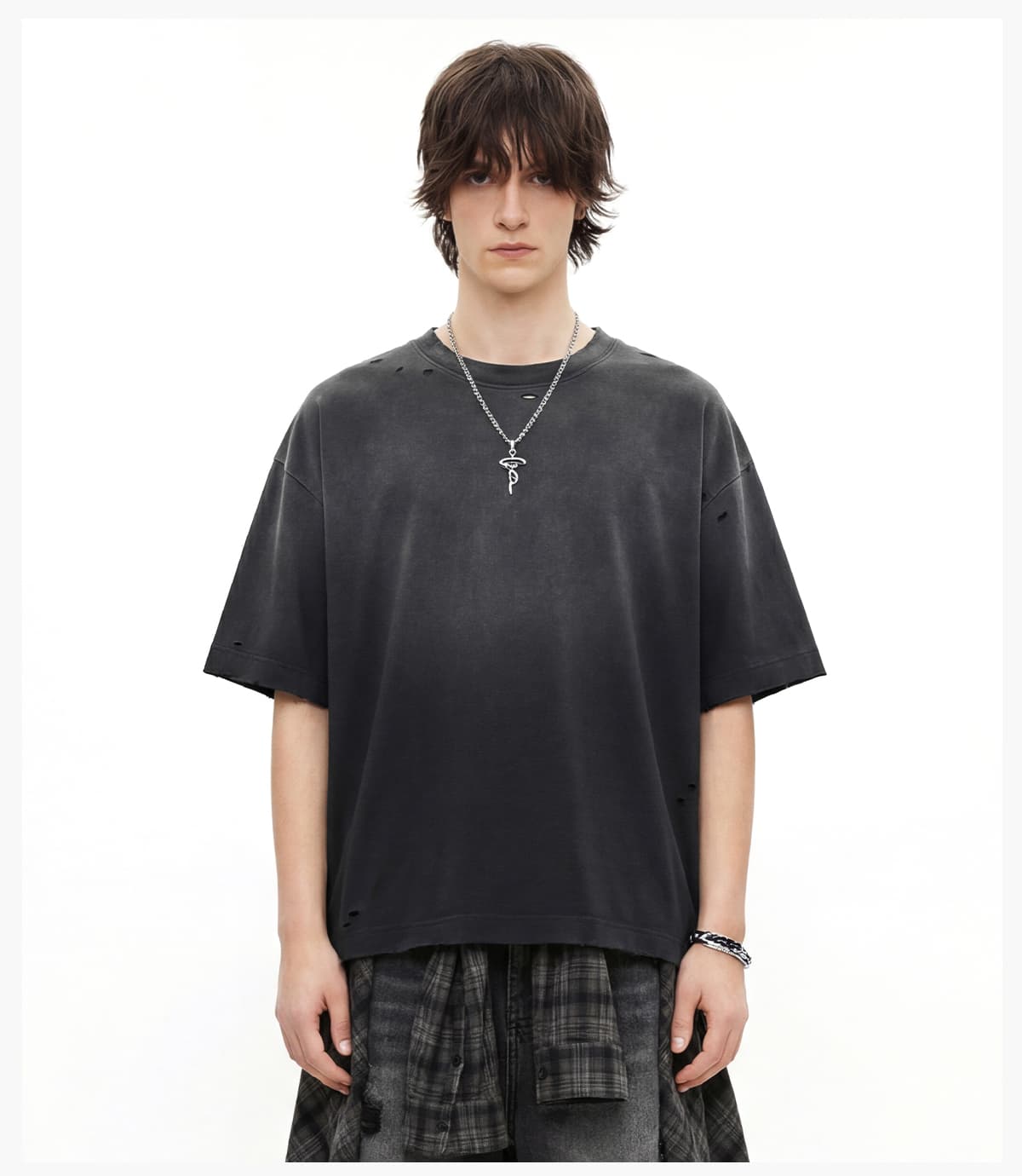 #K1160 Boxy Fit 305g Washed 100% Cotton Distressed T-Shirt 21