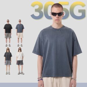 #K1160 Boxy Fit 305g Washed 100% Cotton Distressed T-Shirt