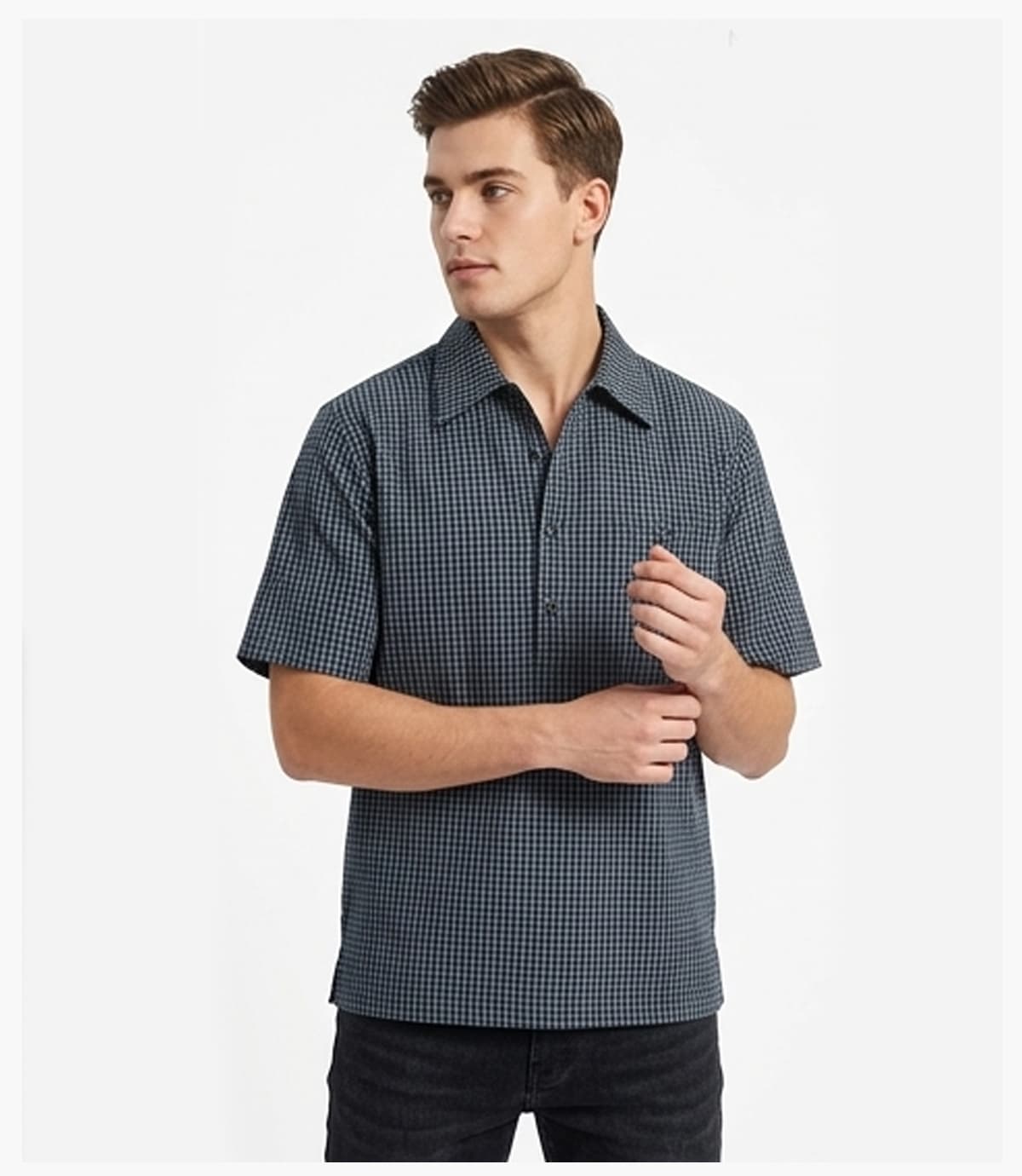 #6159 Cotton 40s Plaid Faux Layered Collar Polo Shirt 20
