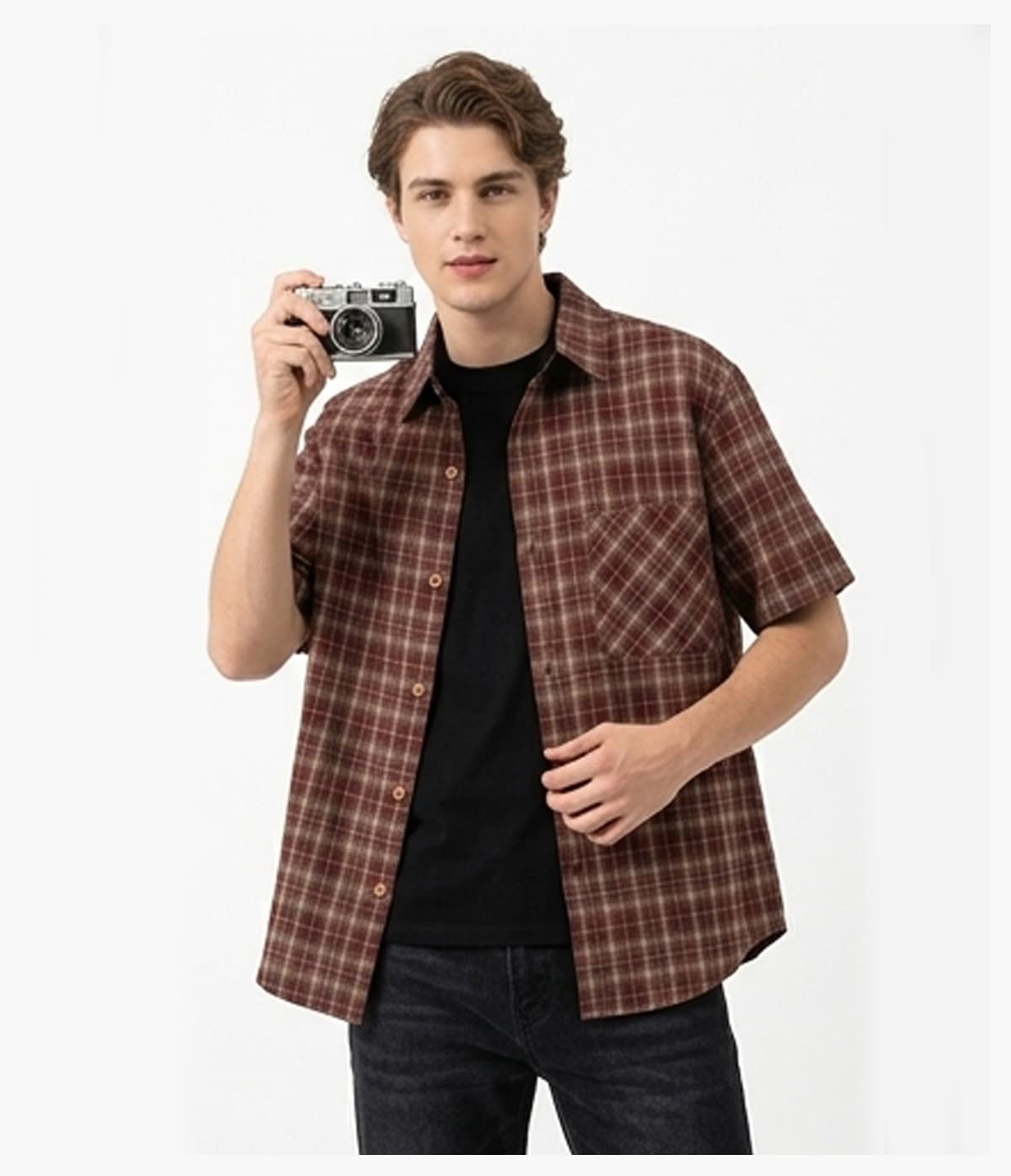 #6161 Heavy 260G Faux Layered Plaid Short Sleeve Shirt 20