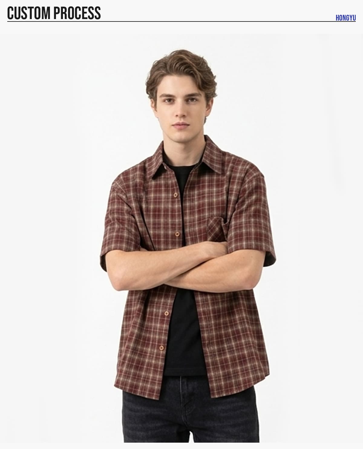 #6161 Heavy 260G Faux Layered Plaid Short Sleeve Shirt 18
