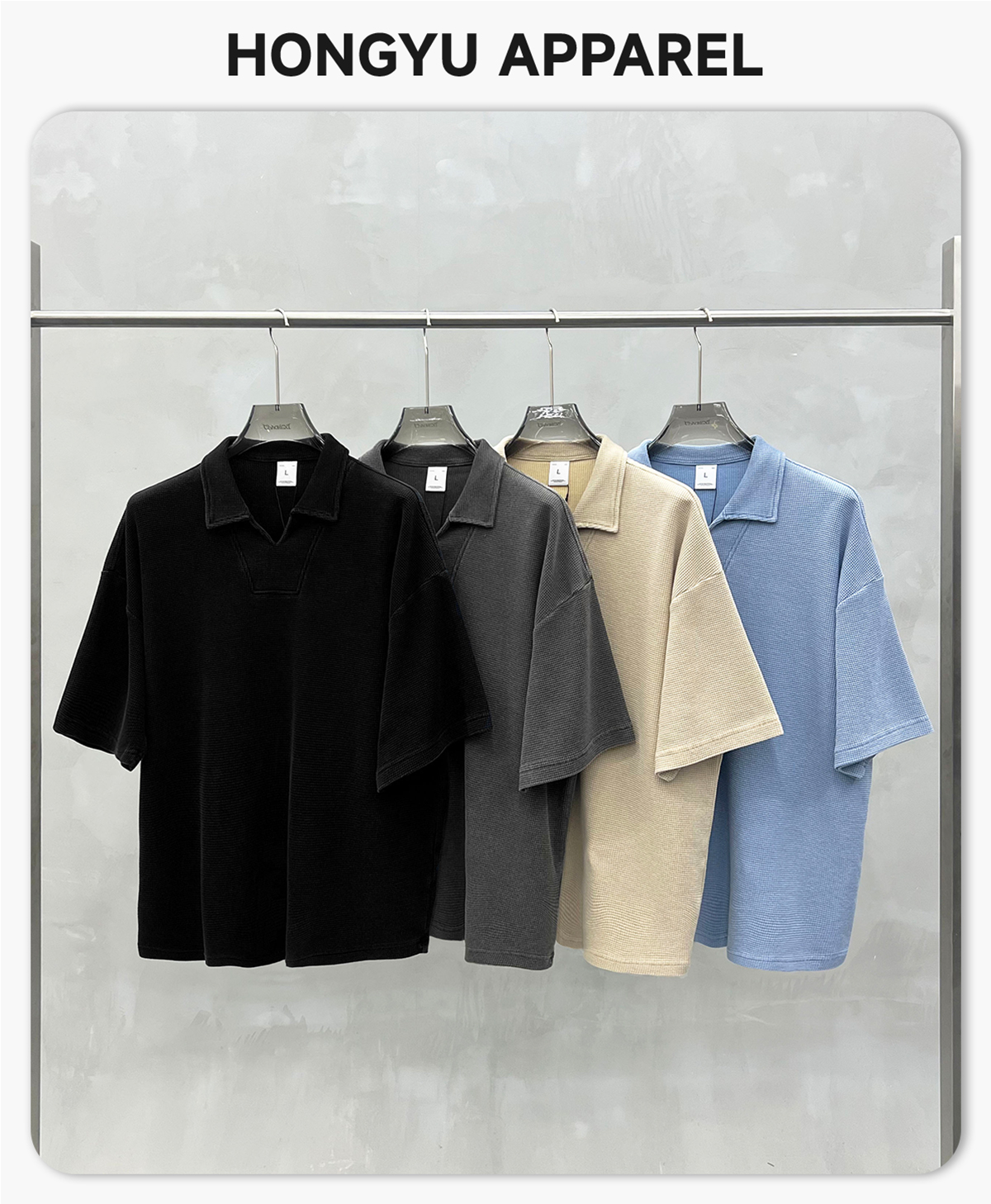 #K1185 Wash 290G Waffle V-Neck Oversized Polo T-Shirt 4