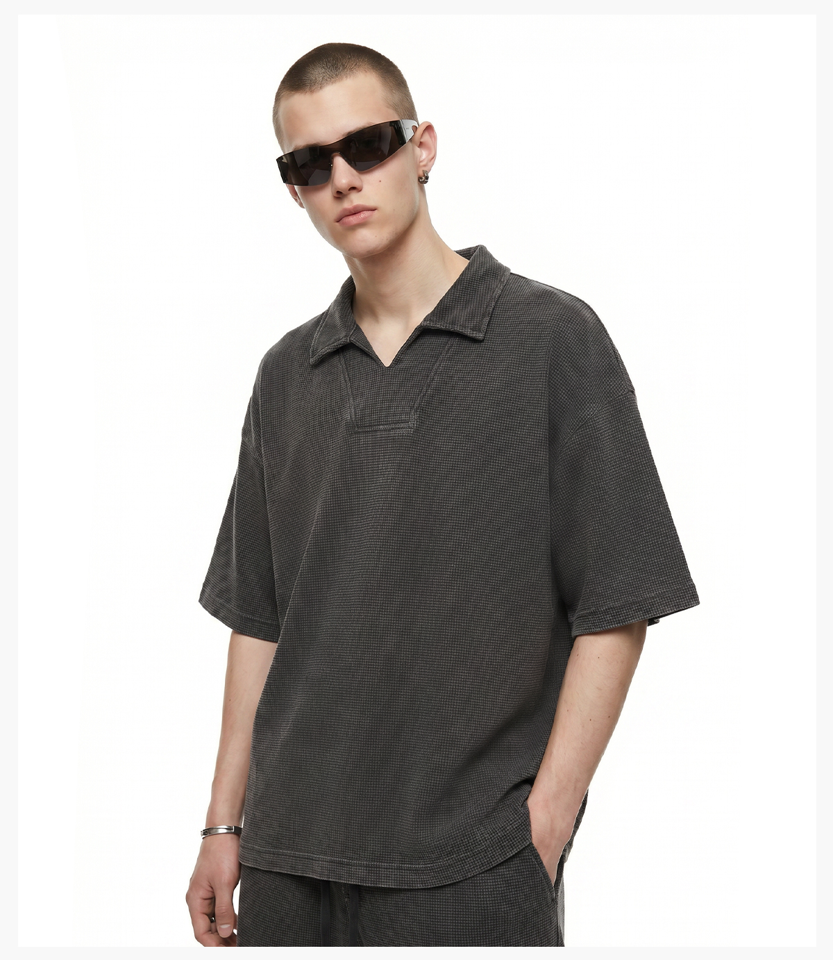 #K1185 Wash 290G Waffle V-Neck Oversized Polo T-Shirt 22
