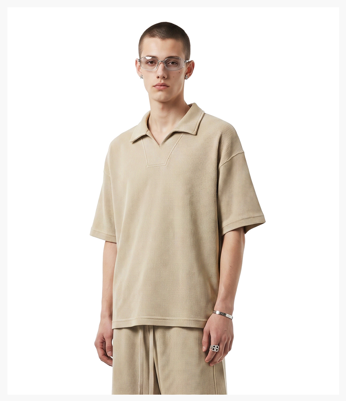 #K1185 Wash 290G Waffle V-Neck Oversized Polo T-Shirt 24