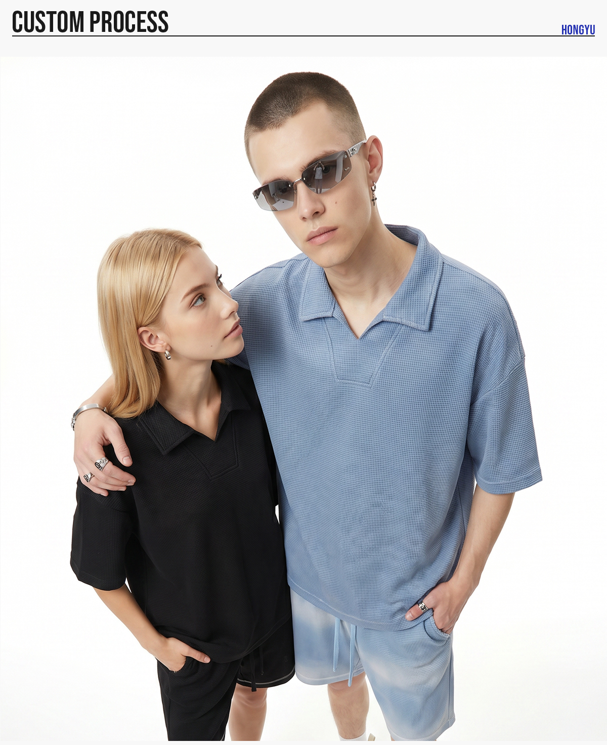 #K1185 Wash 290G Waffle V-Neck Oversized Polo T-Shirt 18
