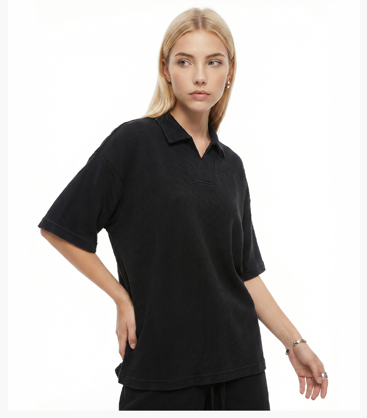 #K1185 Wash 290G Waffle V-Neck Oversized Polo T-Shirt 20